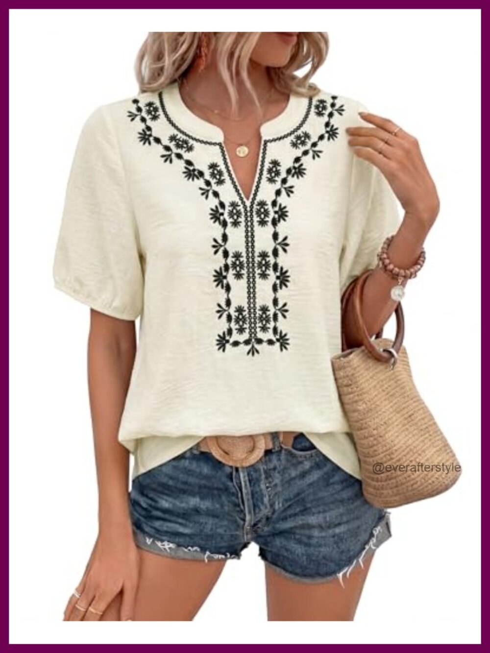 Boho V Neck Embroidered Floral Short Sleeve Blouse Linen Cotton Loose Tunic Top